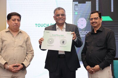 L-R: Shri Aashish Banati, Deputy Controller (Technology), CCA, Mr. Mathew Chacko, Founder Director & CEO, Precision Group, & Shri Arvind Kumar, Controller of Certifying Authorities, unveiling the InnaITKey DSC tokens at PKIA 2024