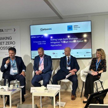 Zefiro Founder & CEO Dr. Talal Debs (pictured furthest on the left) speaks at IETA’s COP29 event on November 15, 2024. Also pictured (center-right), Government of Alberta Assistant Deputy Minister for Air, Climate, and Clean Technology Patrick McDonald