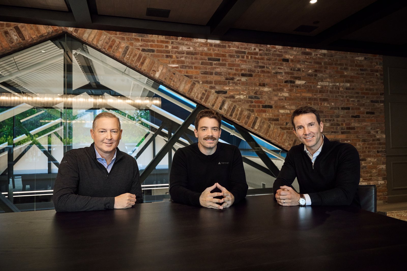 Right to left: Marten Abrahamsen, Vercel CFO; Guillermo Rauch, Vercel CEO and Founder; and Steffan Tomlinson, Stripe CFO, pictured together as Steffan joins Vercel's Board of Directors