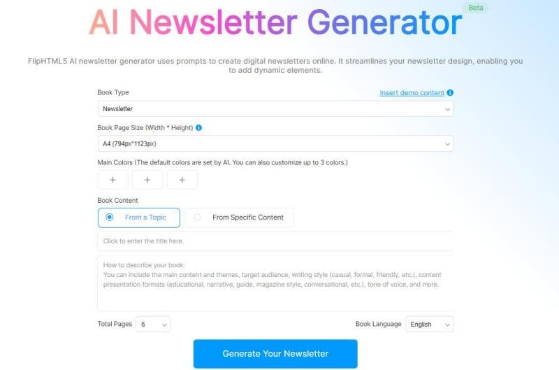 FlipHTML5's AI newsletter generator simplifies content creation for interactive, high-impact newsletters.