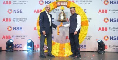 (L to R) Sanjeev Sharma, Country Head and Managing Director, ABB India, and Ashishkumar Chauhan, MD & CEO of NSE, at the Bell Ringing Ceremony Marking ABB India's 30 Years of NSE Listing