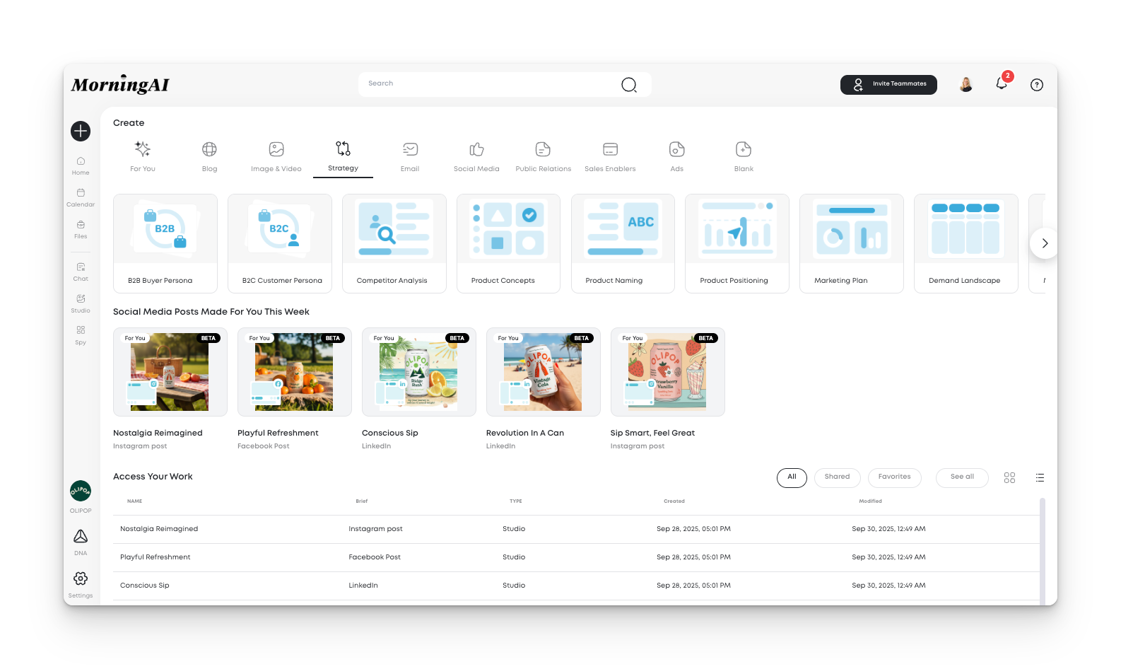 The MorningAI home screen displays the platform’s “Done for You” row, where complete social media posts are generated autonomously each week, alongside strategy tools like personas, competitor analysis, and marketing plans.