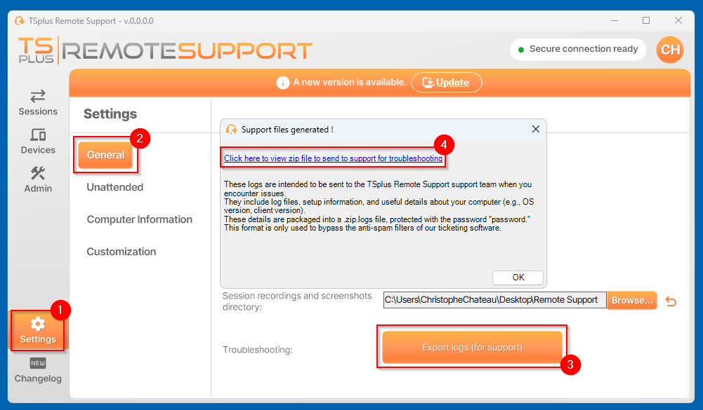 Remote Support Export Log button
