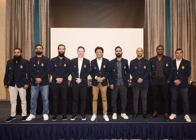 Left to Right - Adil Rashid, Fakhar Zaman, Moeen Ali, Eoin Morgan, Anis Sajan (Vice Chairman of Danube Group and Founder of Mr. Cricket UAE Media Group), Dinesh Karthik, JP Duminy, Angelo Mathews, Khurram Khan - at the launch of Mr. Cricket UAE Media Group