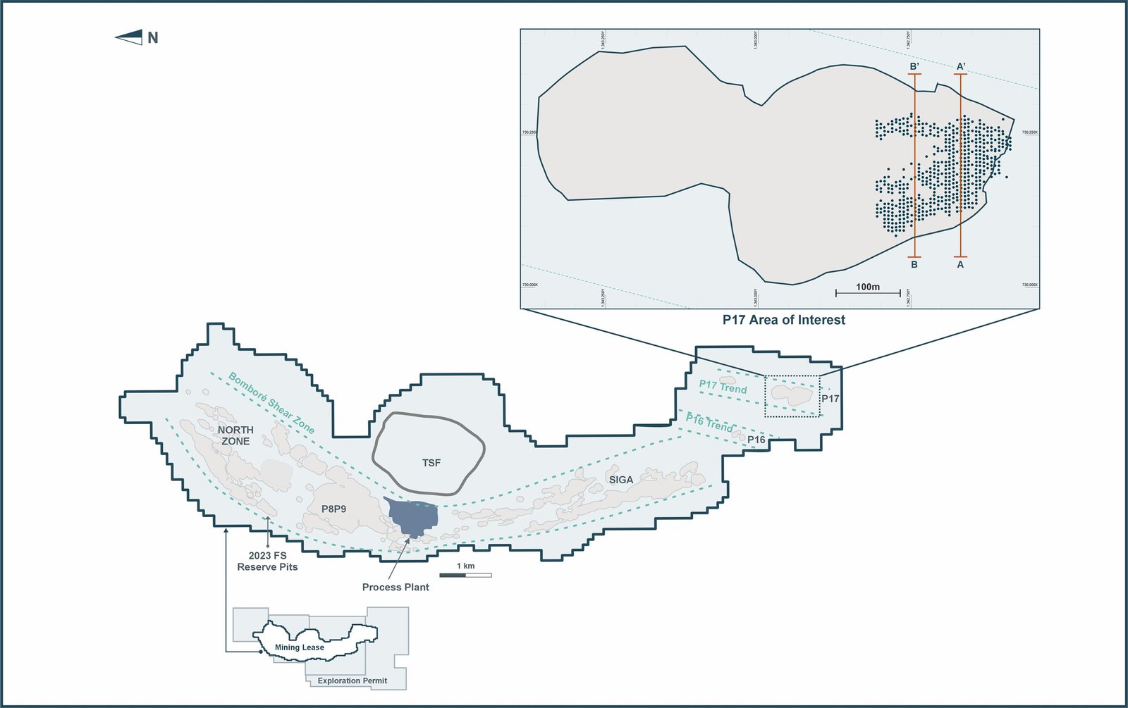 Bomboré Plan Map – Highlighting Location of P17 Grade Control Drilling and Associated Sections