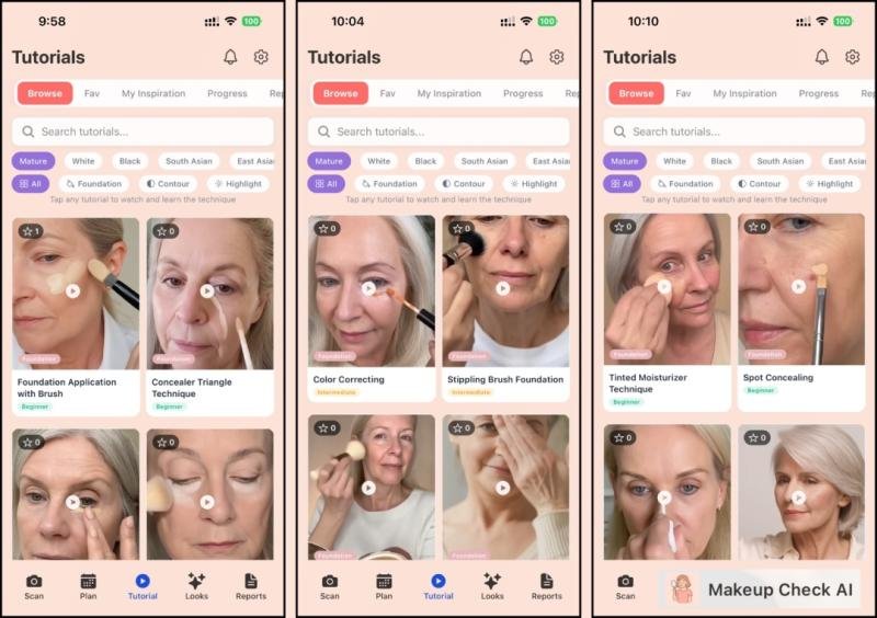 Makeup Check AI's tutorial library featuring 100+ video tutorials organized by technique type and skill level, from beginner foundation application to advanced concealer techniques.