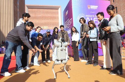 Chandigarh University Students Playing with the robot during the launch of India's first AI Fest 2026 at Gharuan campus