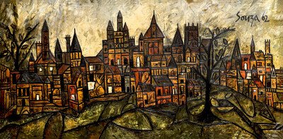 F.N. Souza’s architectural cityscape channels raw, brooding intensity through sharp angles and visceral textures, transforming a medieval-inspired vista into a powerful psychological landscape.