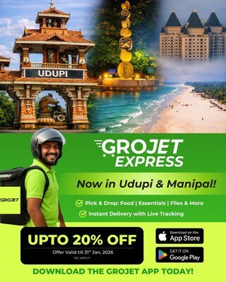 Grojet Express launches in Udupi & Manipal, offering instant pick-and-drop services for food, essentials, documents, powered by real-time tracking and local delivery partners