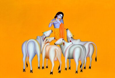 Manjit Bawa’s 1998 masterpiece from his Krishna series, captures a meditative harmony through its iconic ochre backdrop and sculptural simplicity.