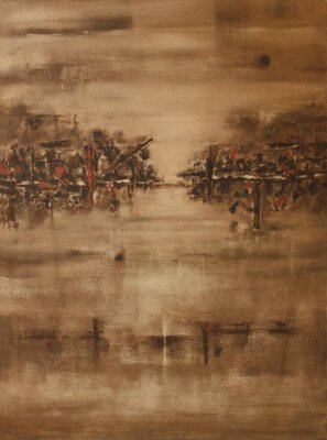 V. S. Gaitonde’s rare abstract masterpiece invites a state of profound meditation, where layered surfaces and silent tonal shifts transcend visual art to become an experience of pure inner stillness.