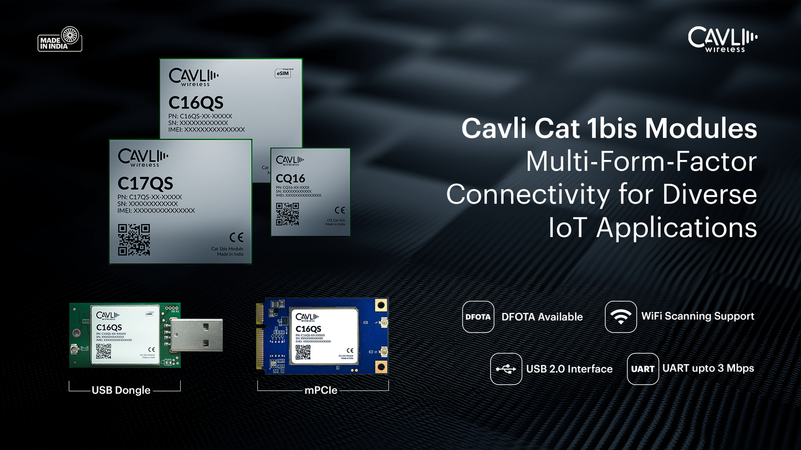 Highlights Cavli Wireless’s multi-form factor LTE Cat 1bis modules, CQ16, C16QS, and C17QS, designed to deliver cost-effective, power-efficient, and flexible connectivity for diverse IoT applications. With features such as DFOTA, FreeRTOS support, Wi-Fi scanning, versatile form factors, and multiple interfaces, the portfolio enables OEMs to build scalable, reliable, and future-ready IoT devices across industries.