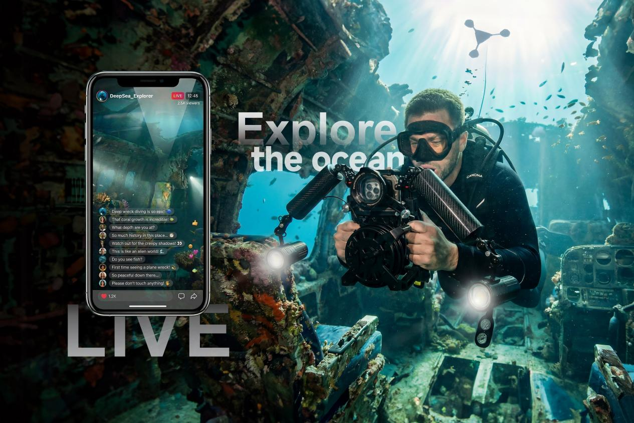 Infographic showing smartphone transitioning from land use to underwater connectivity with SeaLink