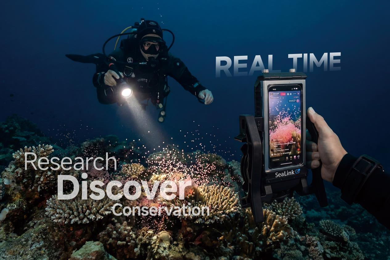 Infographic showing smartphone transitioning from land use to underwater connectivity with SeaLink