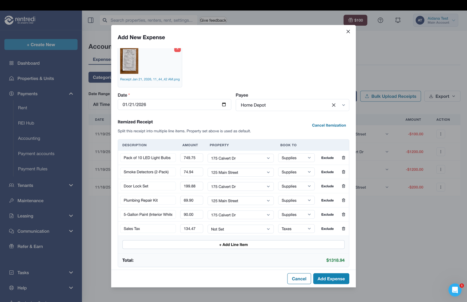 RentRedi Accounting Receipt Itemization