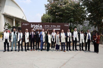 Global industry leaders and international dignitaries during Day 1 of INDIAWOOD 2026 at the Bangalore International Exhibition Centre, reflecting strong global participation and industry momentum