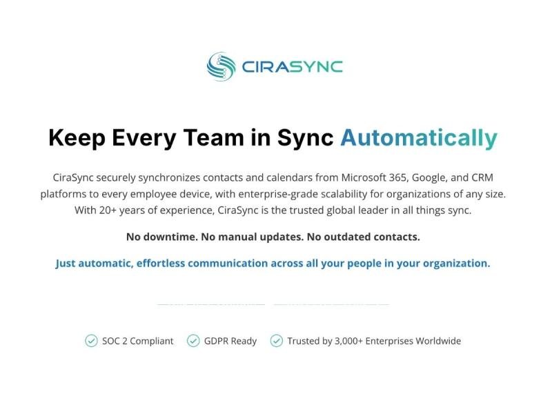 CiraSync securely synchronizes contacts and calendars from Microsoft 365, Google, and CRM platforms to every employee device
