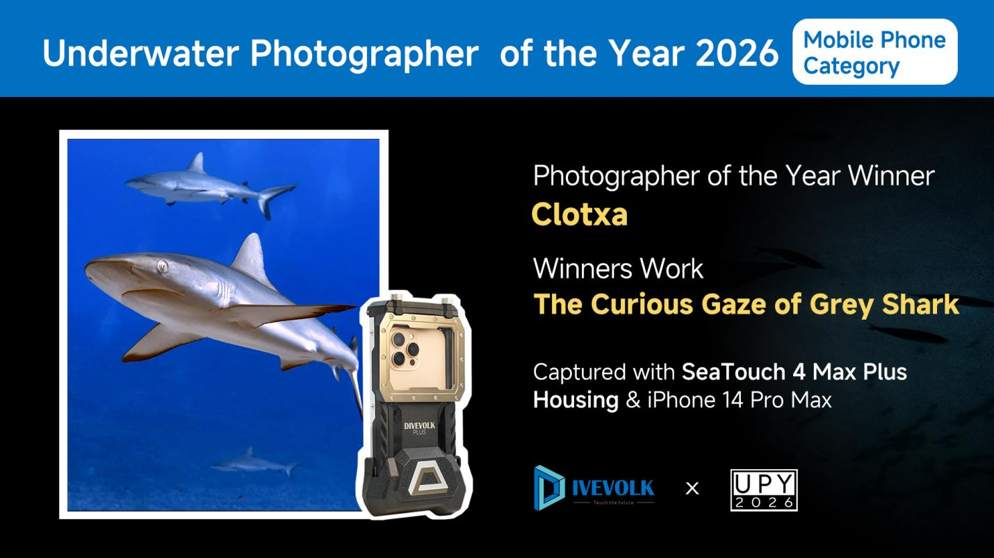 Clotxa second place UPY 2026 Smartphone category grey reef shark photo taken with SeaTouch 4 Max Plus and iPhone 14 Pro