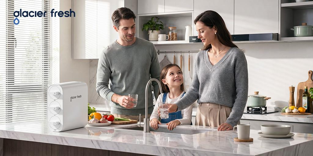 Family using a Glacier Fresh U06 ultrafiltration water filter in a modern kitchen.