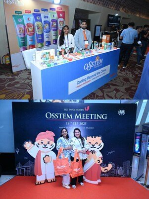 [Photo 1] Oral Care Exhibition Booth at '2025 Osstem Meeting Mumbai' [Photo 2] Attendees at the Osstem Meeting Mumbai posing at a photo zone with Osstem mascots dressed in traditional Indian attire