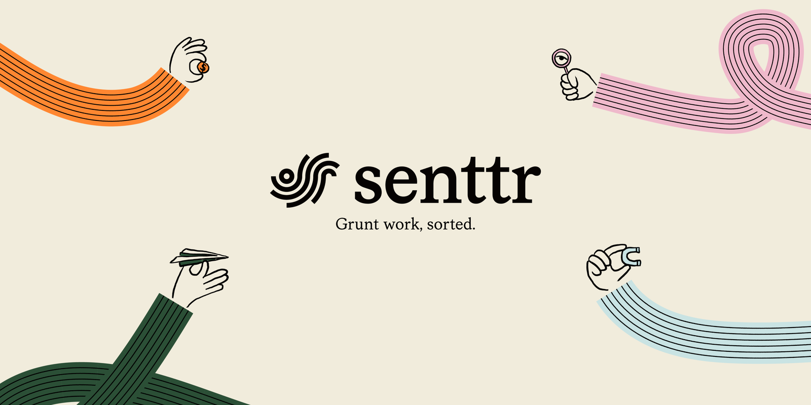 Senttr logo and tagline with illustrated arms