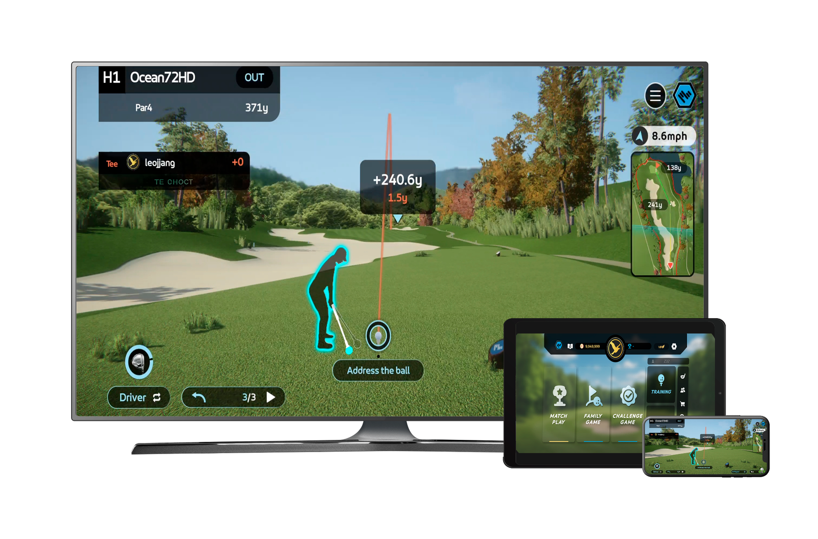 The updated Phigolf app interface on multiple devices, featuring enhanced graphics for home golf.