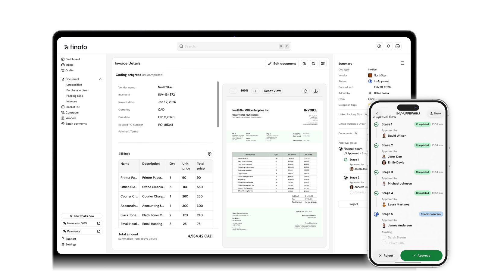 Finofo product screen showing invoice to payment workflow for accounts payable automation