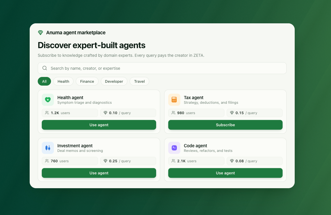 Anuma agent marketplace interface