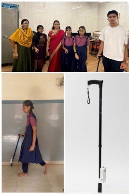 The ClearWay mobility stick being tested by users at the Kamla Mehta School for the Blind